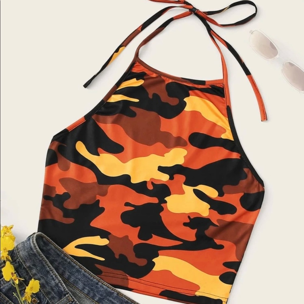 Neon orange camo cropped tie top